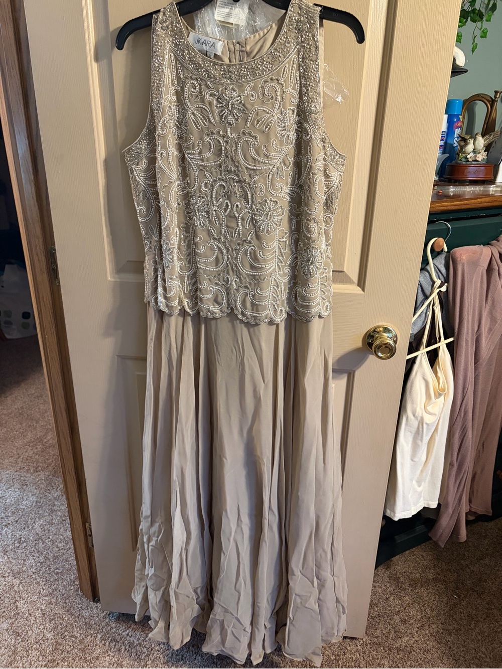 J Kara Taupe Beaded Maxi Evening Gown